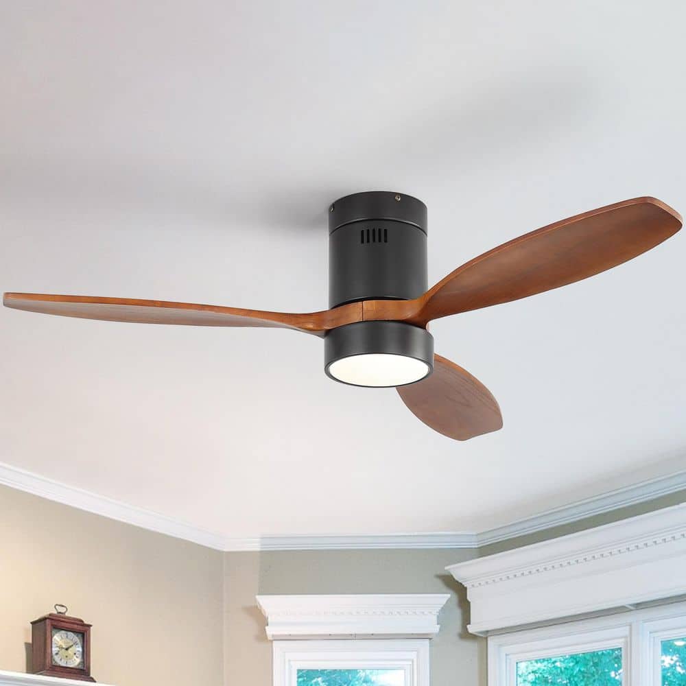 52 in. Standard Indoor/Outdoor Wood Black Flush Mount Ceiling Fan with Light and Remote Control price history on PriceWatchPro