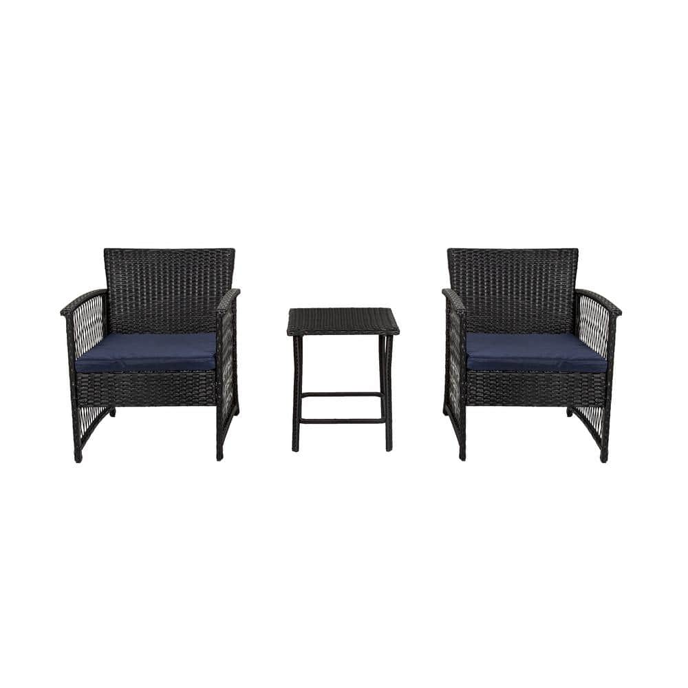 Black Woven Rattan 3-Piece Outdoor Seating Set with Navy Cushions