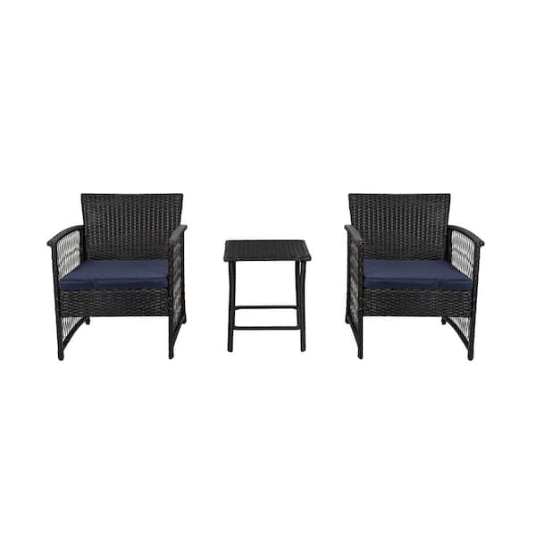 WESTIN OUTDOOR Highland 3-Piece Woven Rattan Wicker Patio Conversation Seating Set with Black/Navy Cushions