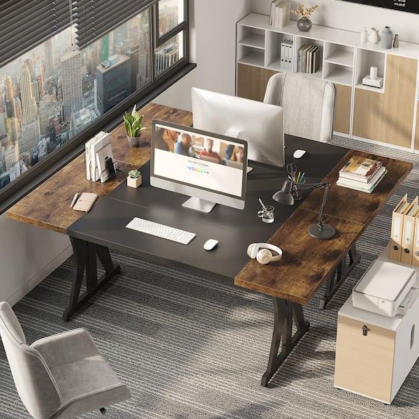Bestier 70in Rectangular Rustic Brown Computer Desk with X-Shape