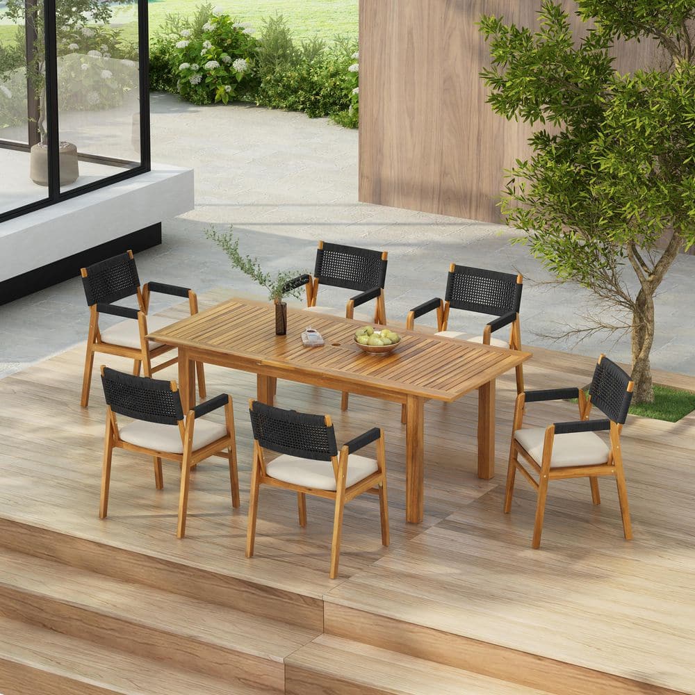 Agnes 7-Piece Wood and Rope Woven Rectangle Patio Outdoor Dining Set with Beige Cushion Expandable Table Teak plus Black