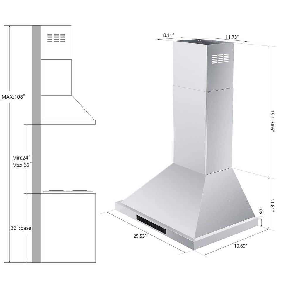 30 Inch Stainless Steel Convertible Wall Mount Range Hood with LED Lights
