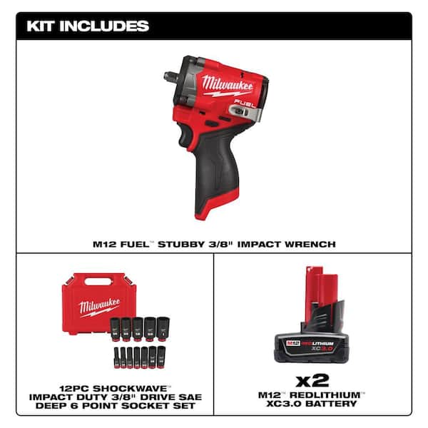 M12 FUEL 12V Lithium-Ion Brushless Cordless Stubby 3/8 in. Impact Wrench w (2) 3.0 Ah Batteries&12 PC Impact Socket Set