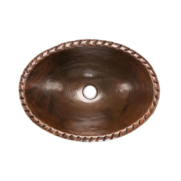 Premier Copper Products Self-Rimming Oval Roped Rim Hammered Copper Bathroom Sink in Oil Rubbed Bronze