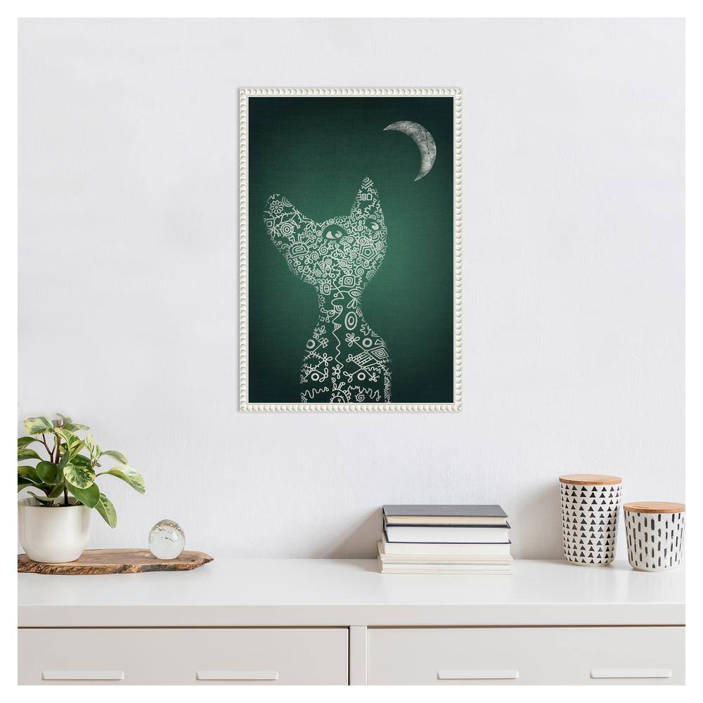 Abstract Cat and Moon Green Canvas Framed Wall Art