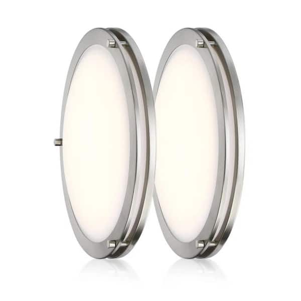 Dual Ring 14 in. 21-Watt Brushed Nickel Modern Dimmable Integrated LED Flush Mount with White Acrylic Shade 2 packs