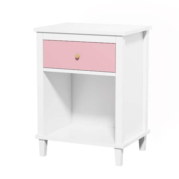 Pink and White Kids Nightstand with Storage Drawer, Contemporary End Table with Open Shelf and Sturdy Legs