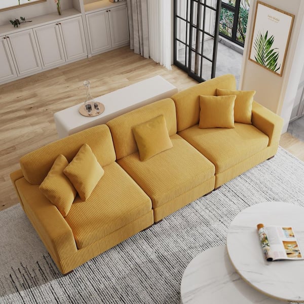 117 in. Square Arm 3-piece Corduroy Upholstered 3-Seats Sectional Sofa in. Orange with Five Pillows