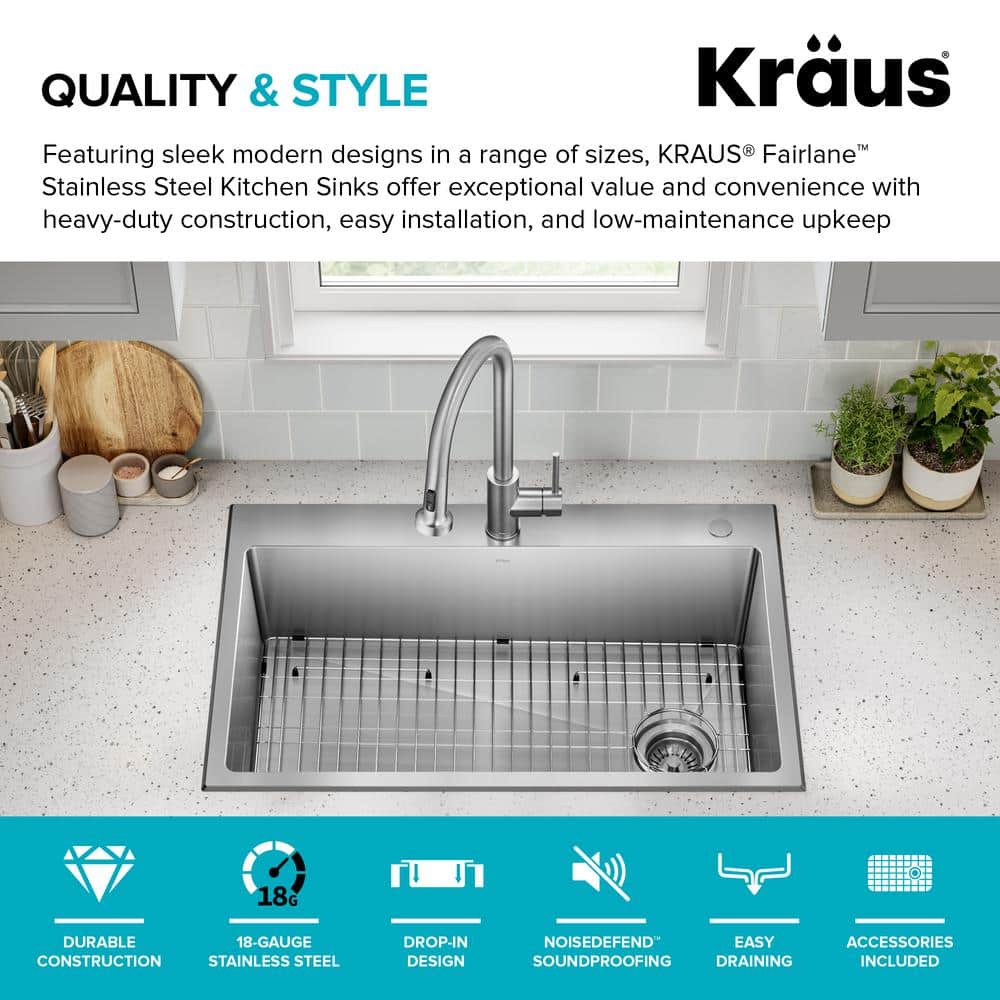 Fairlane 33-Inch Stainless Steel Drop-In Single Bowl Kitchen Sink