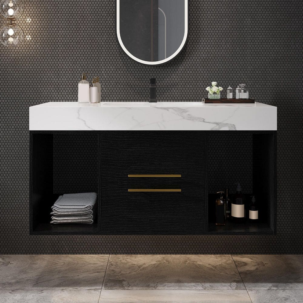 39 in. Single Sink Floating Black Bath Vanity with White Sintered Stone Top, 2 Soft Close Drawer, Gold Handles price history on PriceWatchPro