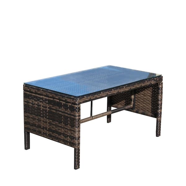 COOLSHARK Outdoor Rattan Coffee Table Wicker Side Table with Glass Top, Outdoor End Table for Garden, Porch, Poolside