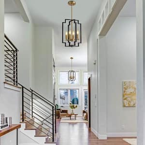 4-Light Farmhouse Kitchen Island Pendant Light, Geometric Lantern Chandelier with Black and Gold Finish for Dining Room