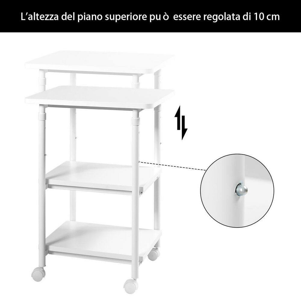 White Adjustable 3-Tier Rolling Printer Cart with Storage Shelves