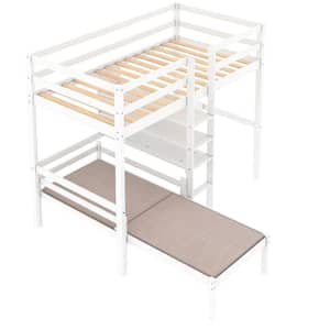White Twin Size Loft Bed with Desk, Twin Bunk Bed with Bookshelf, Convertible Wood Loft Bed Frame for Kids Teens