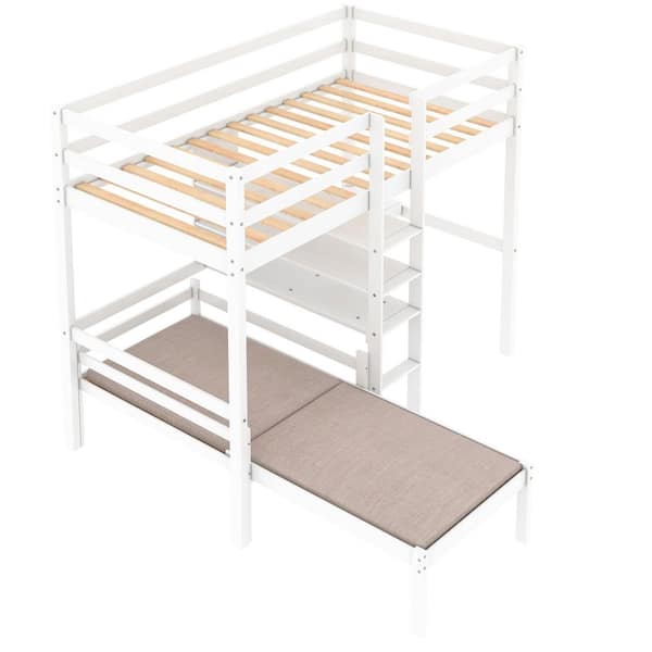 URTR White Twin Size Loft Bed with Desk, Twin Bunk Bed with Bookshelf, Convertible Wood Loft Bed Frame for Kids Teens