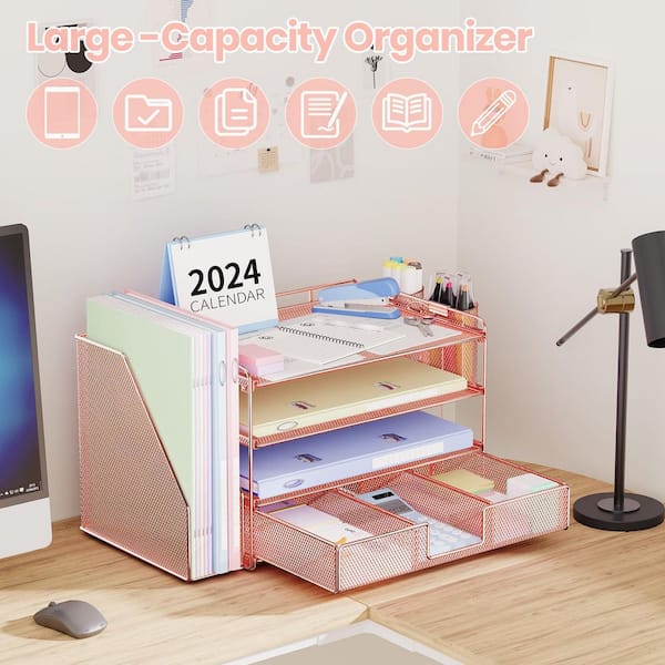 Workspace Rose Gold 15.5 in. x 9.3 in. Metal Desk Organizer with Drawer and 2 Pen Holders