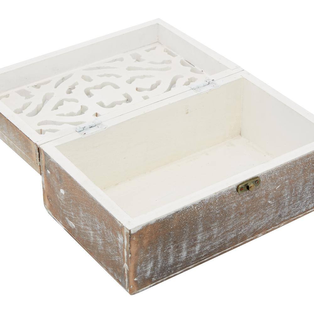 Handmade Brown Mango Wood Floral Decorative Box Set with Hinged Lid