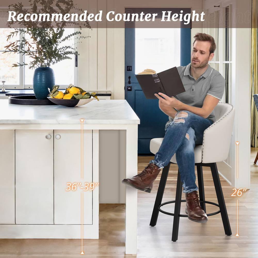 White Faux Leather Swivel Counter Height Bar Stools with Metal Frame, Set of 2