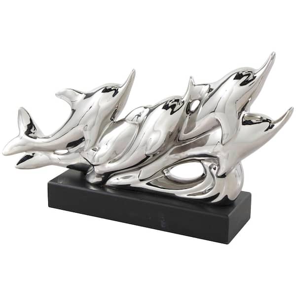 Litton Lane 3 in. x 9 in. Silver Ceramic Dolphin Sculpture with Black Block Base
