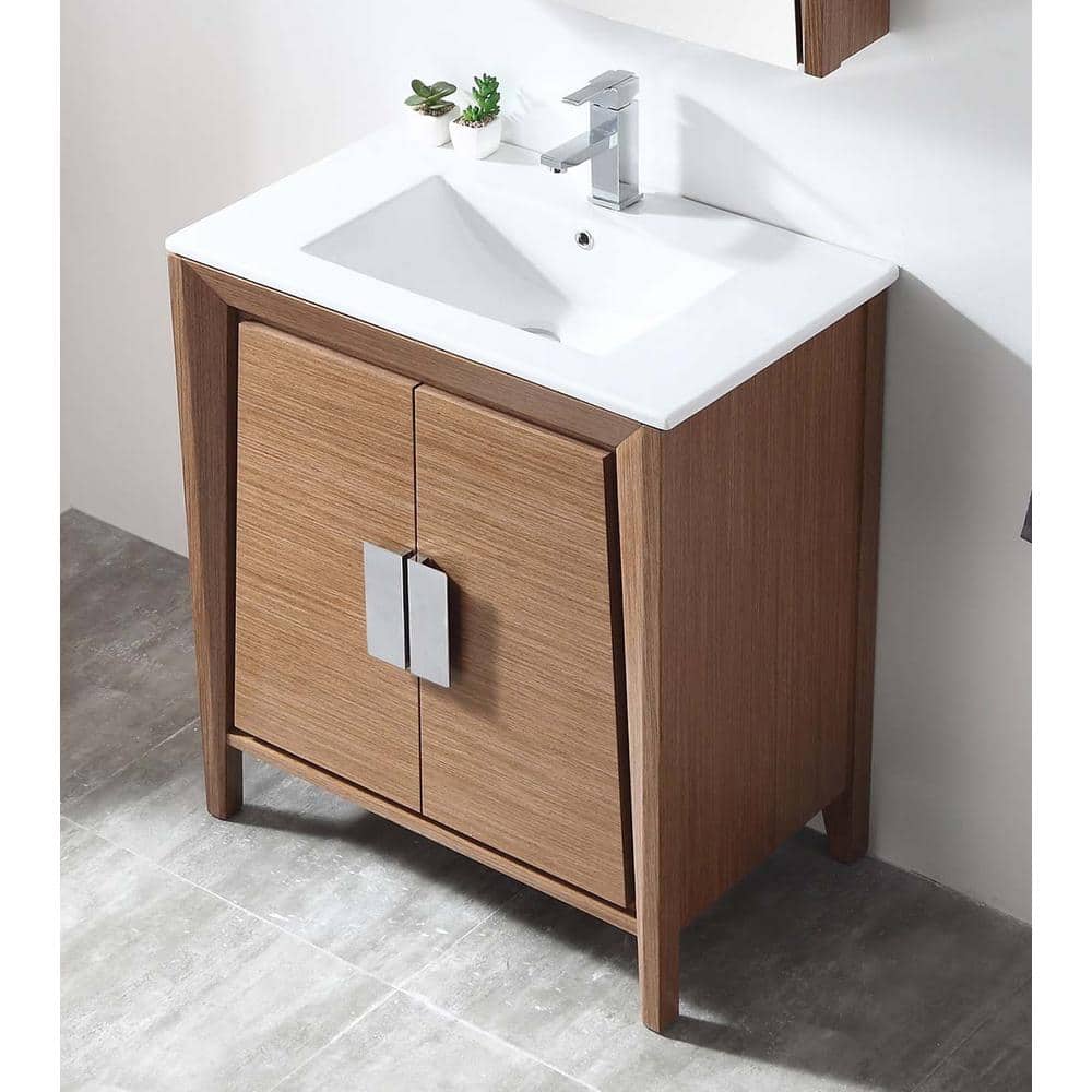 36" Wheat Wood Single Sink Vanity with White Ceramic Top
