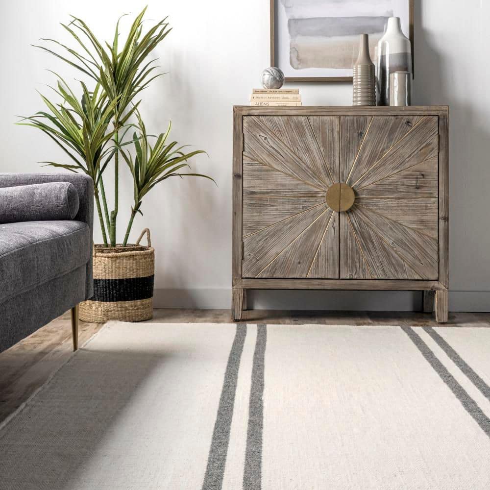 Ivory and Stripe Flat Woven Wool Rectangular Area Rug, 10' x 14'