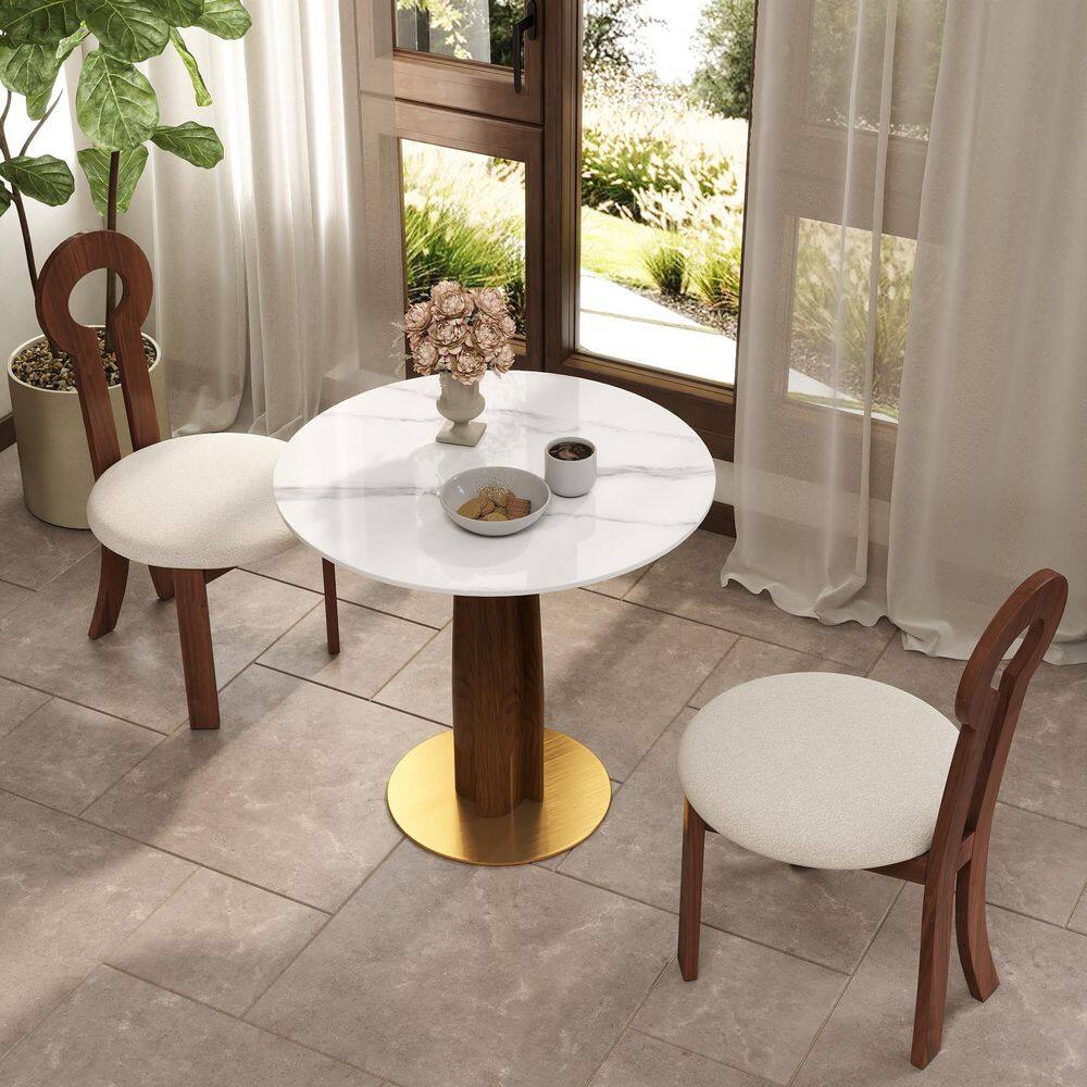 33 in. Modern Round White Sintered Stone Tabletop Dining Table with Solid Wood Pedestal (Seat 2)
