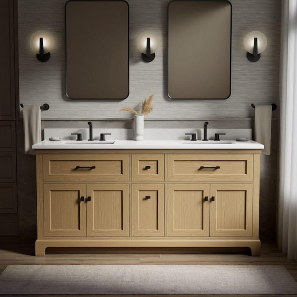 Charlemont 74 in. Double Sink Freestanding Light Oak Bath Vanity with White Quartz Top Assembled