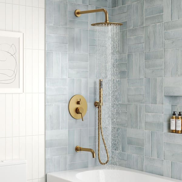 Single Handle 3-Spray 10 in. Wall Mount Tub and Shower Faucet in Brushed Gold (Valve Included)