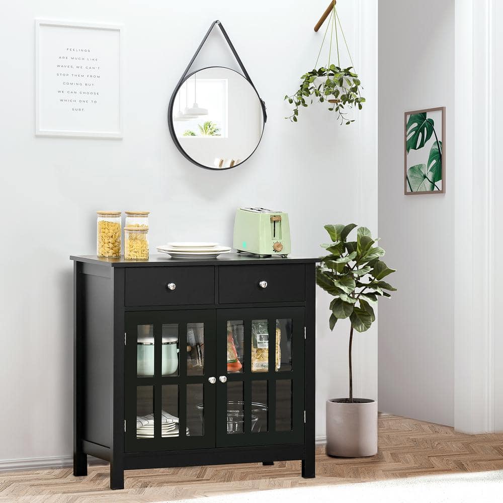 Black Wood Sideboard Buffet Cabinet with Glass Doors