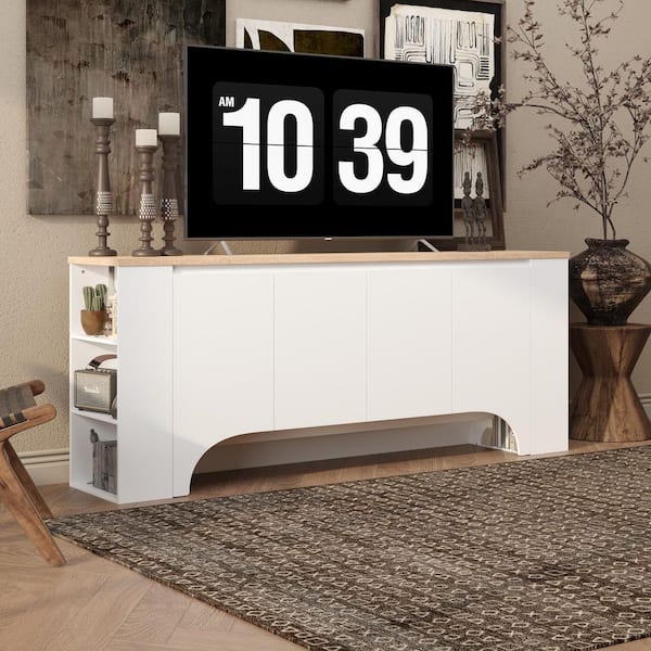 FUFU&GAGA White and Wood Grain 31.5 in. Height Accent Cabinet, Office Storage Cabinet with 10 Shelves and 4 Doors
