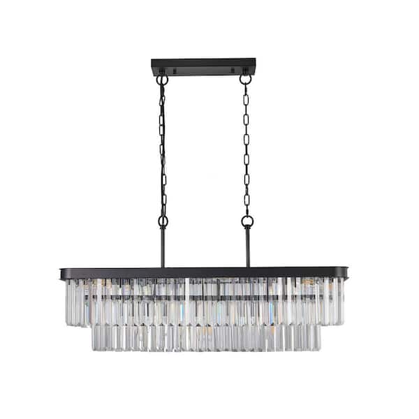 Crysia 34 in. 11-Light Black Linear Rectangular Crystal Chandelier for Kitchen Island Dining Room