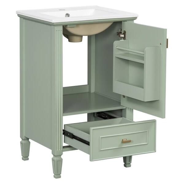 20" Bathroom Vanity With Ceramic Sink & Tip-Out Top Drawer – Green Rubberwood Frame, Storage Cabinet With Shelf