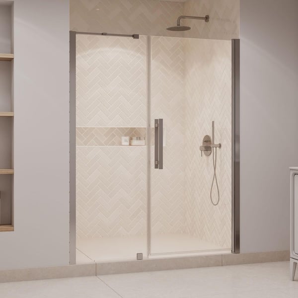 Pasadena 59.06 in. Max Width x 72.01 in. H Pivot Alcove Frameless Shower Door in Satin Nickel