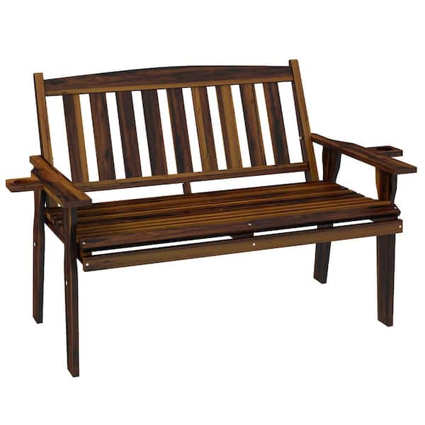 Otryad Brown Wood Outdoor Bench, 2-Person Garden Bench with Cupholder Armrests, Slatted Seat and Backrest, Park Bench