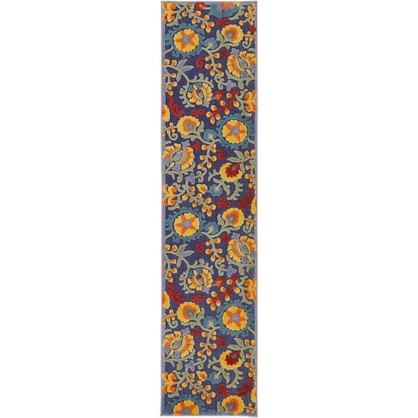 Aloha Navy Multicolor 2 ft. x 10 ft. Floral Contemporary Runner Area Rug