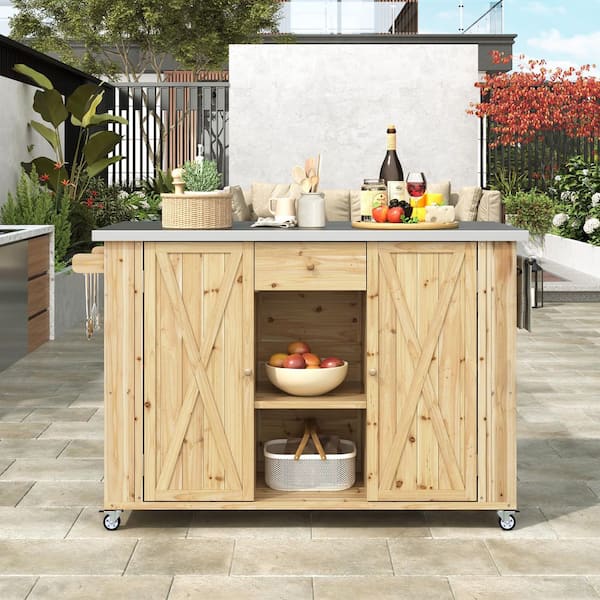 52.25 in. x 28.75 in. x 36.25 in. Wood Kitchen Island, Outdoor Storage Cabinet, Towel, Spice Racks,Bottle Opener,Natural