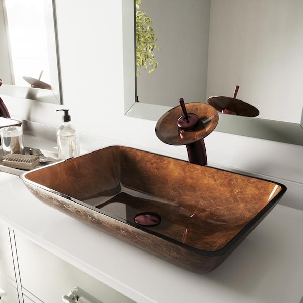 VIGO Donatello Artistic Chocolate Brown Glass 22 in. L x 15 in. W x 5 in. H Rectangular Vessel Bathroom Sink