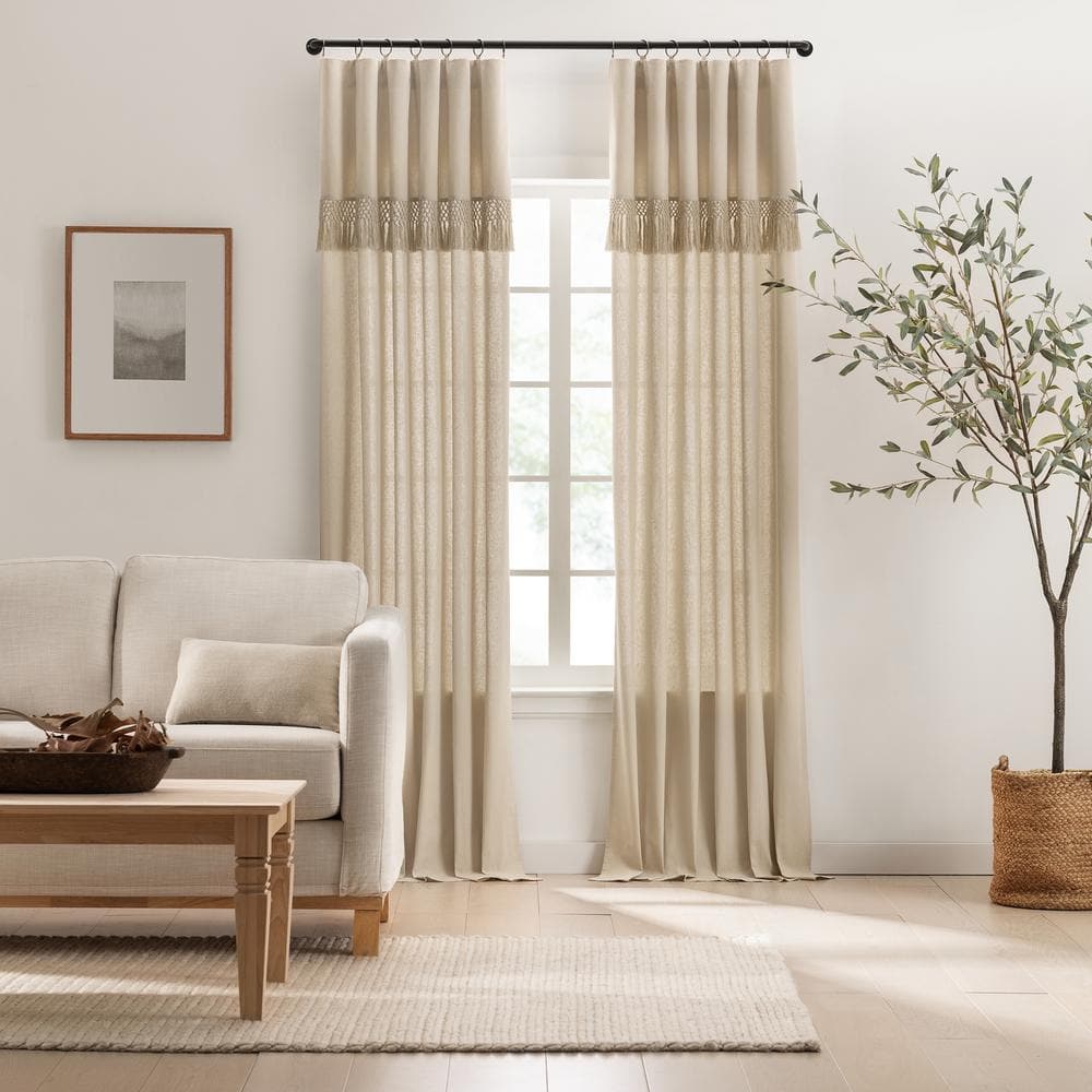 Linen Light-Filtering Curtain Panel with Fringe Valance, 50 x 95