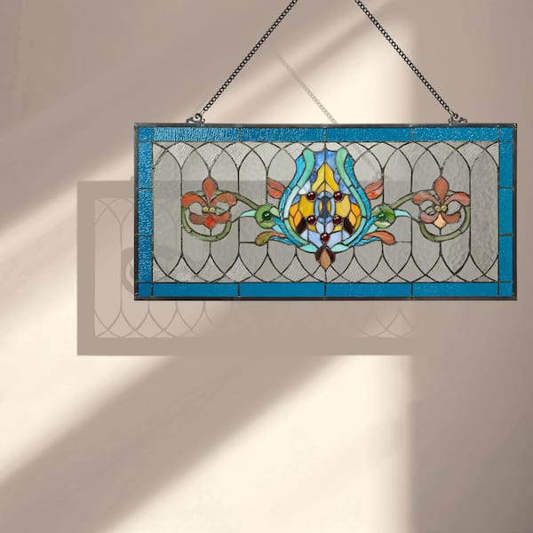 Stained glass panel. outlets Stained glass in rustic wood frame with metal accent. Coastal. Blue/ clear glass. Stained glass.