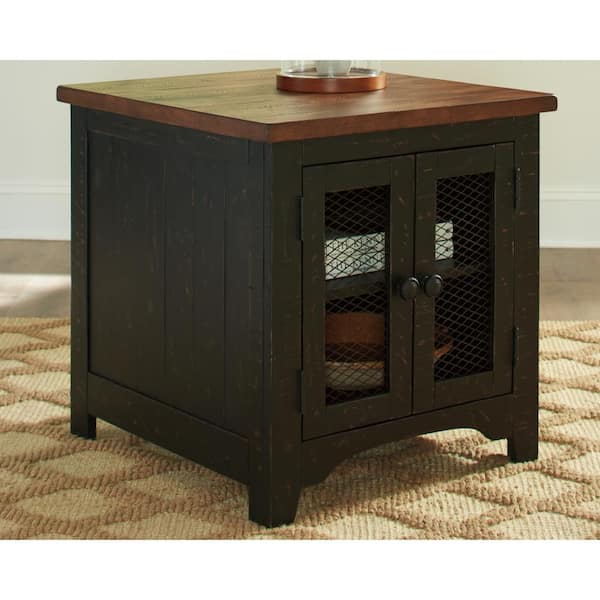 Valebeck 24 in. Black/Brown Rectangle Wood End Table with Cabinet and Shelf