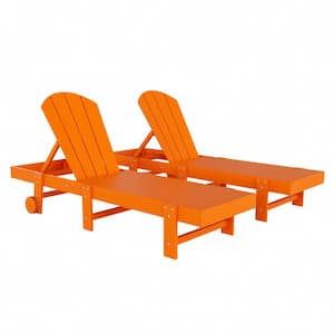 Laguna 2-Piece Fade Resistant HDPE Plastic Adjustable Outdoor Adirondack Chaise Loungers with Wheels in Orange