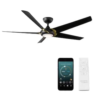 Lucid 62 in. Integrated LED Indoor/Outdoor 5-Blade Smart Ceiling Fan in Soft Brass Matte Black with 3000K and Remote