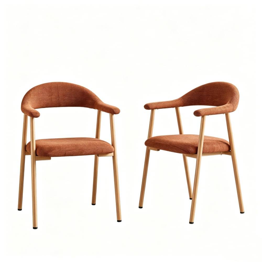 Orange Linen Upholstery Modern Elegant Dining Chair Set of 2, with Curved Backrests & Wood-Grain Metal Legs