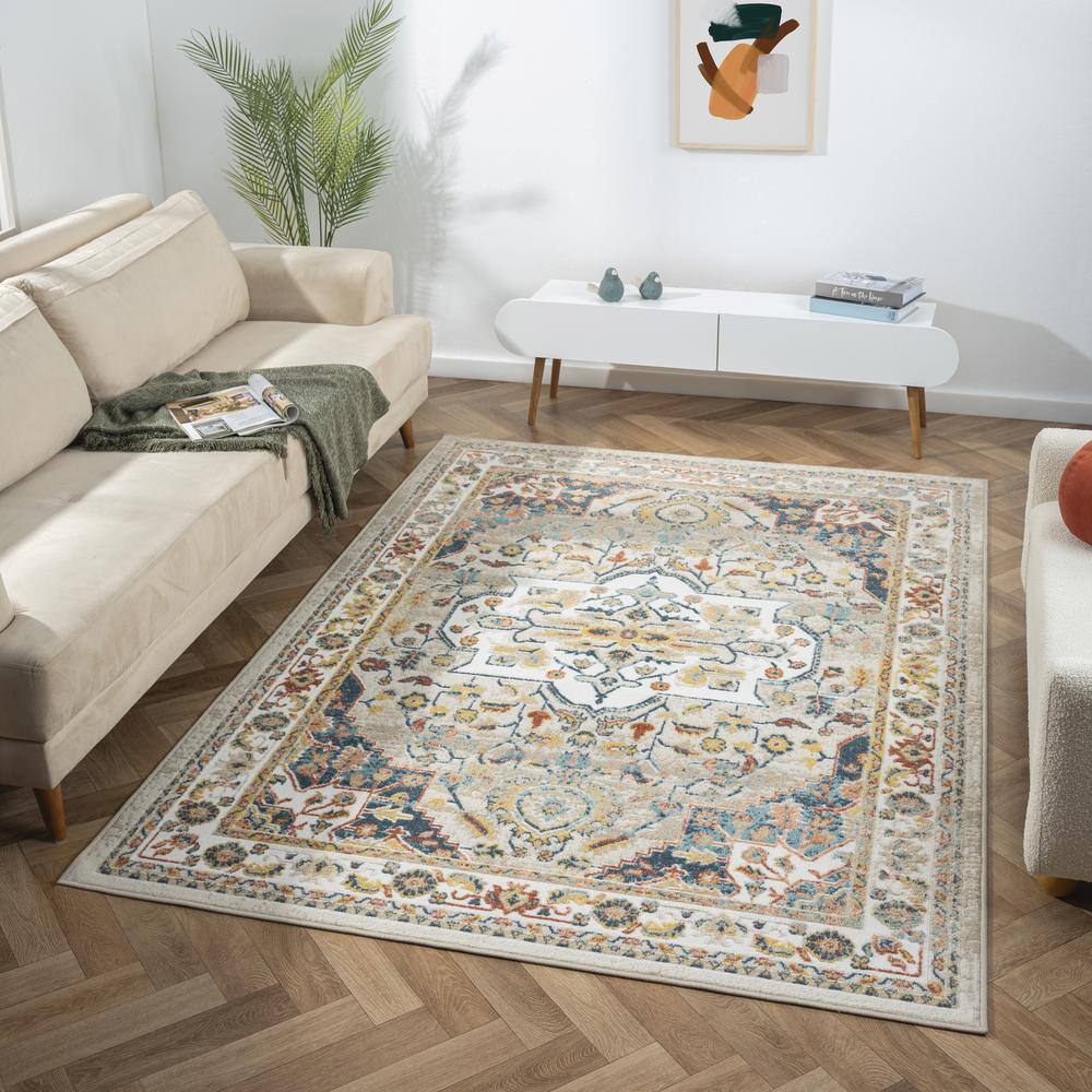 Arcady Ivory and Blue Synthetic Medallion Runner Rug