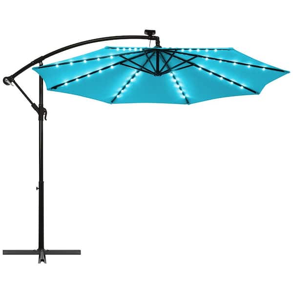 Gymax 10 ft. Market Solar Patio Umbrella Outdoor Offset Hanging Umbrella with 40 LED Lights in Turquoise