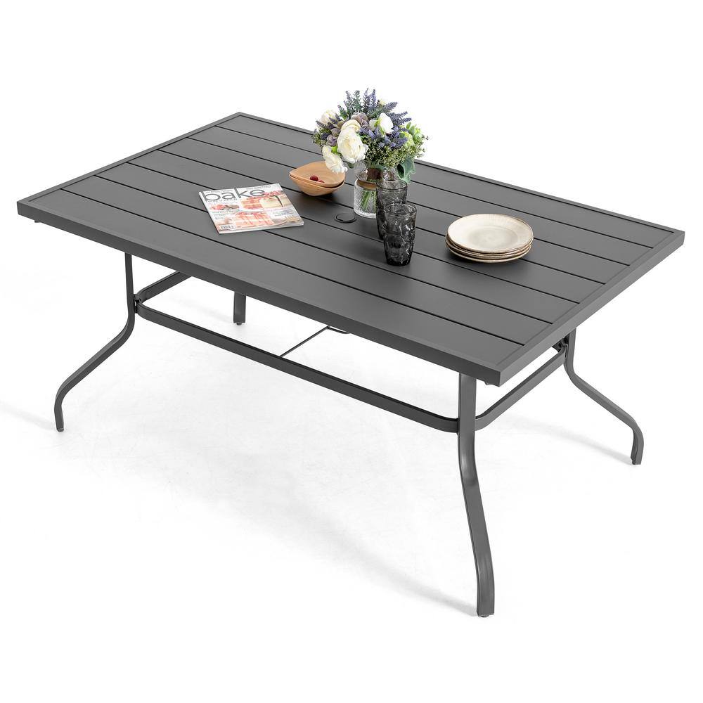 Nuu Garden 61'' Grey Iron Rectangular Patio Dining Table with Umbrella Hole