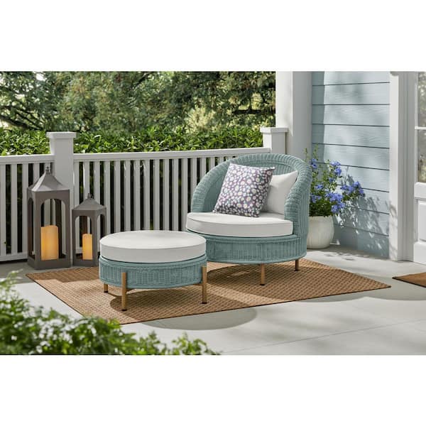 Hampton Bay Fairmist Waterproof UV Protected Resin Wicker Outdoor Lounge Chair Plus Ottoman with White CushionGuard Cushion