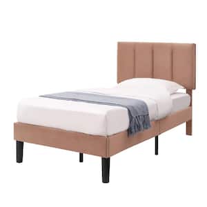 Upholstered Bed Frame, Brown Metal Frame Twin Platform Bed with Adjustable Headboard, Wood Slat, No Box Spring Needed