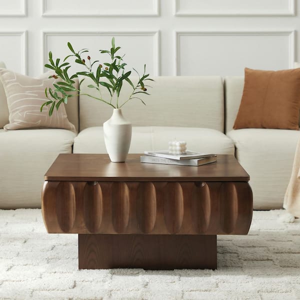 Mirello 31.1 in. Walnut Finish Square Carved MDF Wood Lift-Top Storage Coffee Table with Elegant Sculptural Design