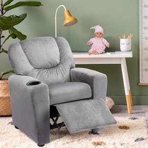 Gray Push Back Kids Recliner with Footrest & Cup Holder, Microfiber Recliner for Girls and Boys, Ideal for Ages 3+